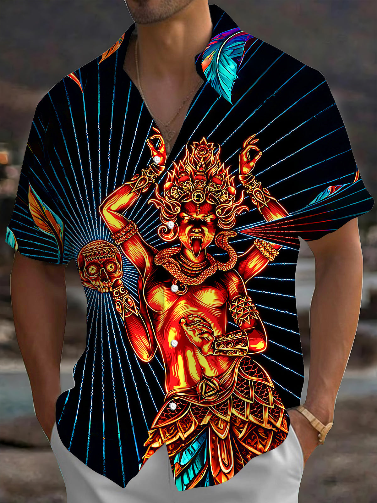 Adaychic Men's Multi-armed Deity Skull Graphic Print Short Sleeve Button Down Shirt with Chest Pocket