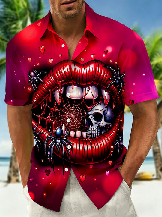 Dark Red Gradient Vampire Lips Spider Skull Men's Pocket Short Sleeve Shirts