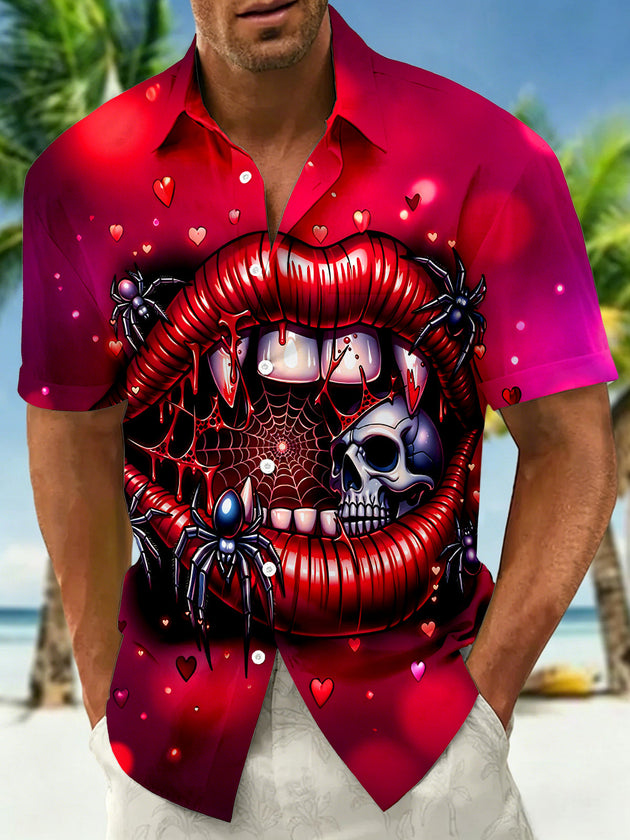 Dark Red Gradient Vampire Lips Spider Skull Men's Pocket Short Sleeve Shirts