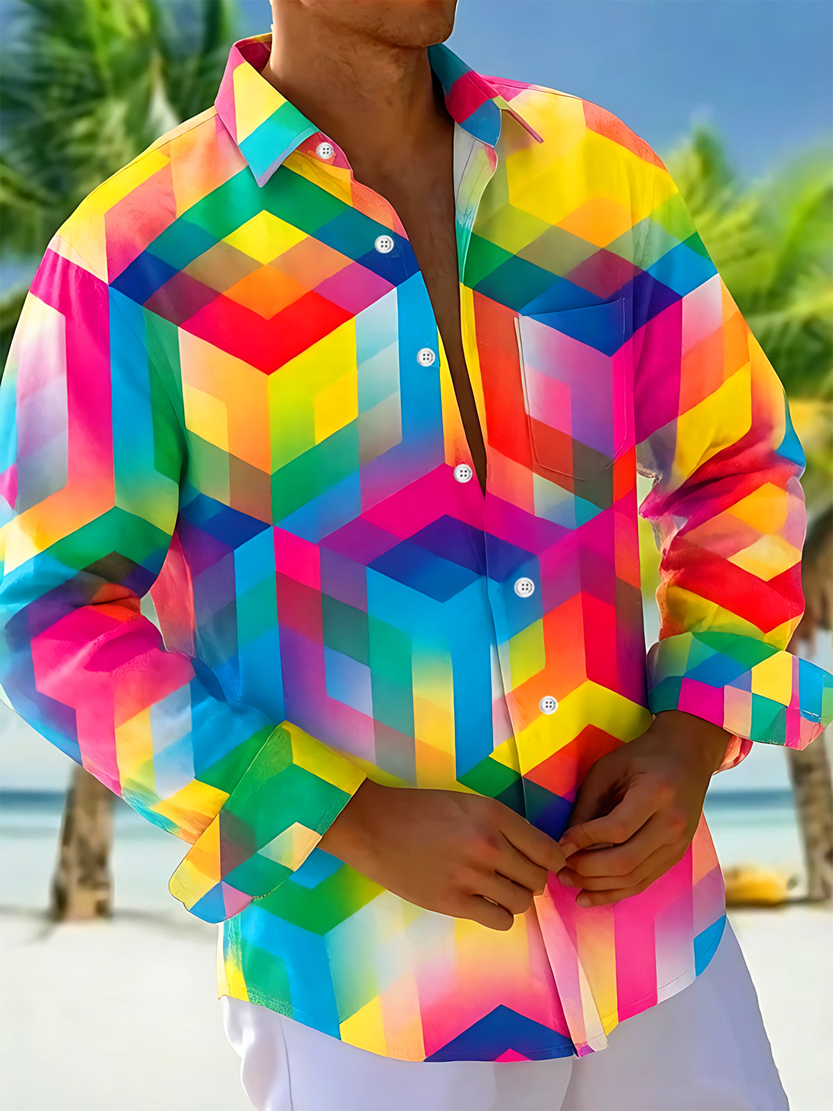 Colorful Geometric Cube Men's Pocket Long Sleeve Shirts