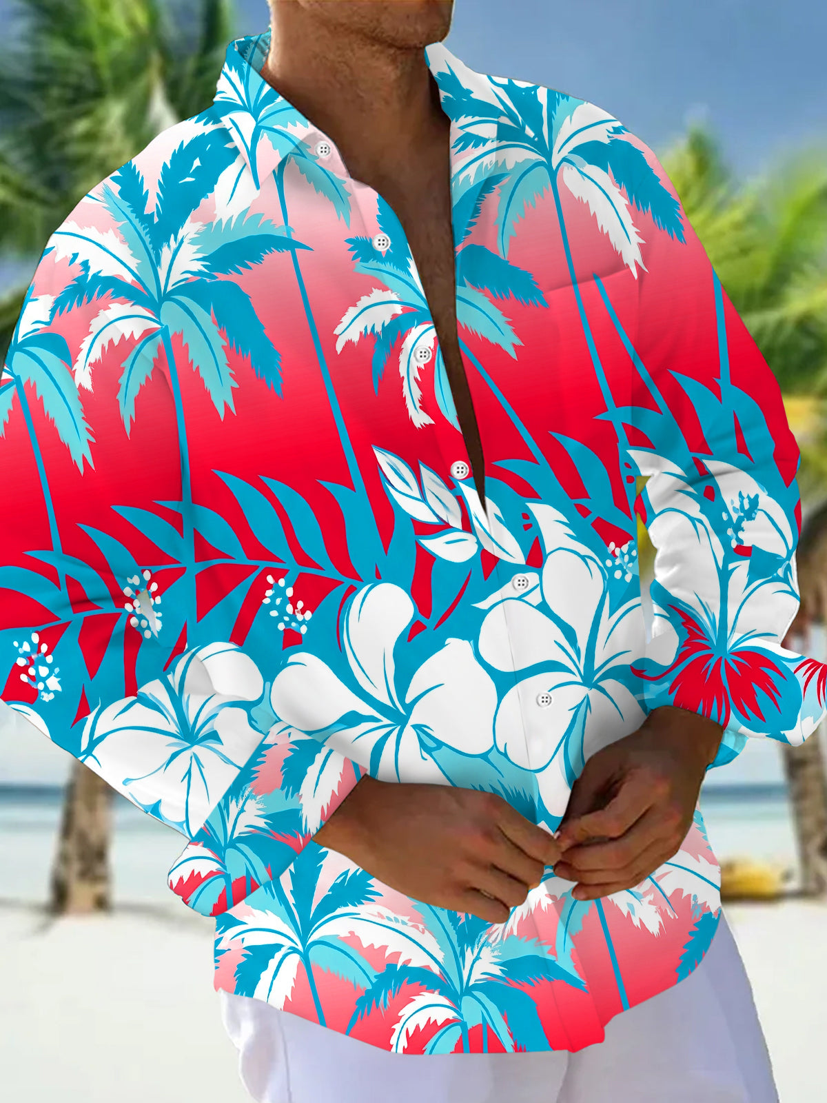 Adaychic Men's Hawaiian Floral Tropical Palm And Hibiscus Print Long Sleeve Button Down Shirt with Chest Pocket