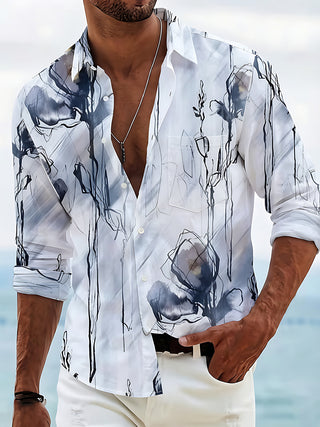 Adaychic Men's Graphic Abstract Ink Wash Floral Print Long Sleeve Button Down Shirt with Chest Pocket