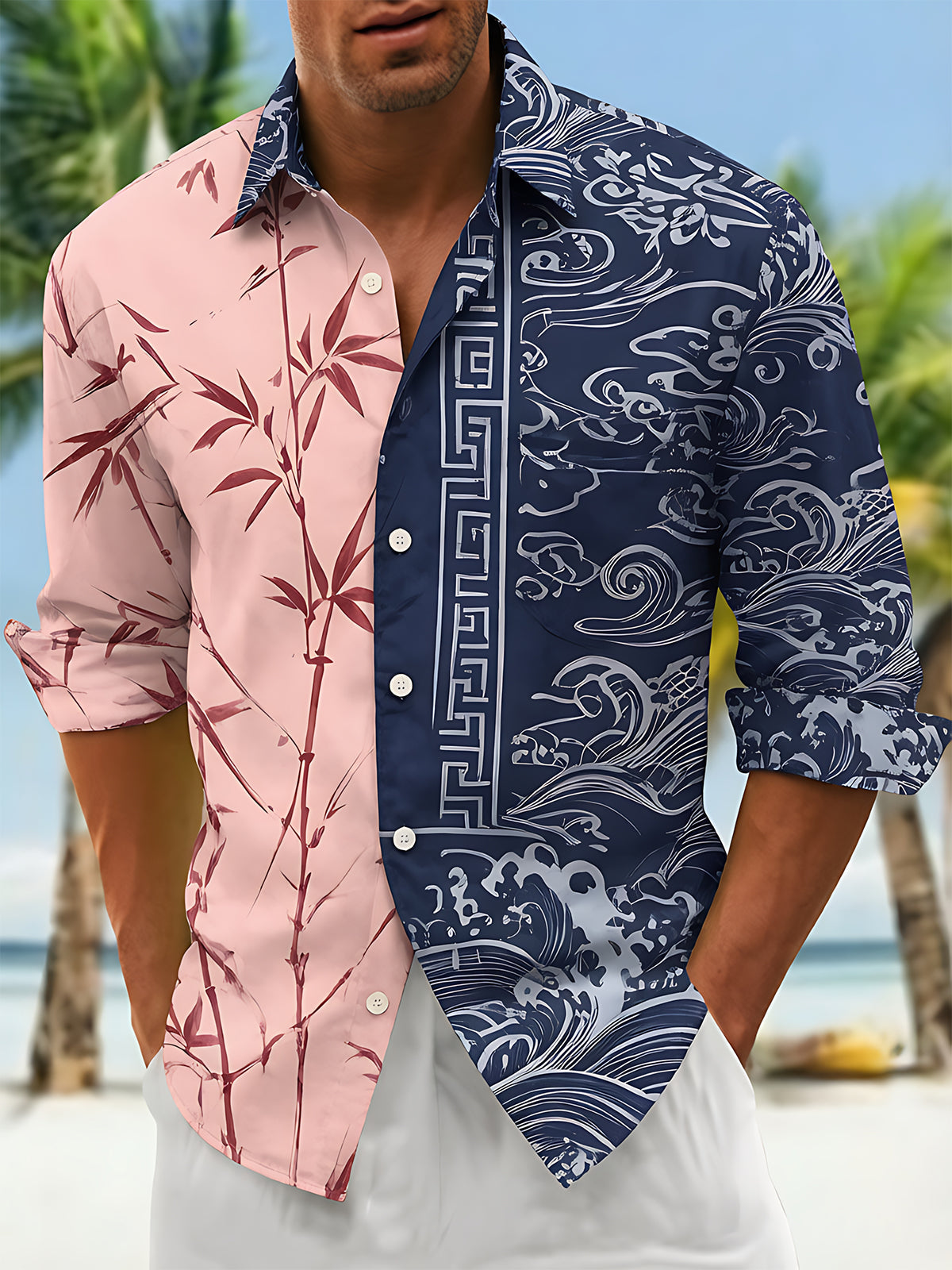 Pink Bamboo And Wave Splicing Men's Pocket Long Sleeve Shirts