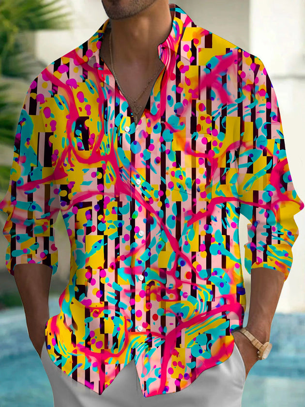 Colorful Fluorescent Splash Stripe  Men's Pocket Long Sleeve Shirts