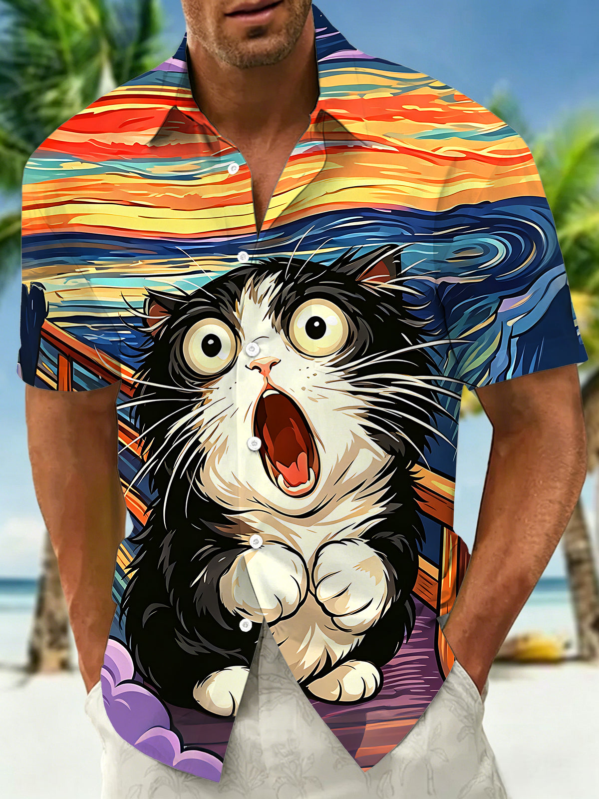 Fun Van Gogh Starry Sky Surprised Cat Men's Pocket Short Sleeve Shirts