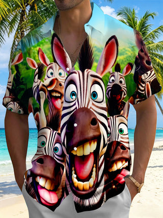 Adaychic Men's Graphic 3D Cartoon Zebra Faces Print Short Sleeve Button Down Shirt with Chest Pocket