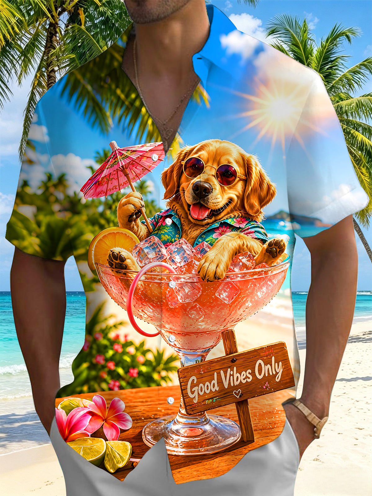 Adaychic Men's Graphic Dog Cocktail Good Vibes Print Short Sleeve Button Down Shirt with Chest Pocket
