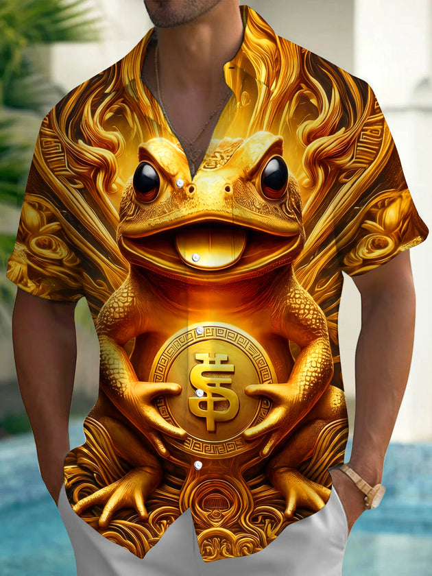 Wealth Attracting Golden Toad Men's Pocket Short Sleeve Shirts
