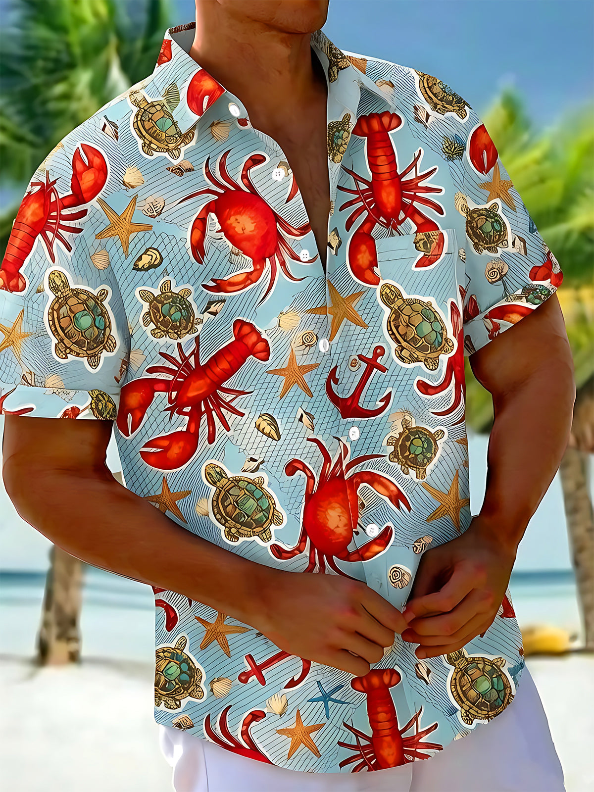 Adaychic Men's Lobster Crab Turtle Pattern Print Short Sleeve Button Down Shirt with Chest Pocket