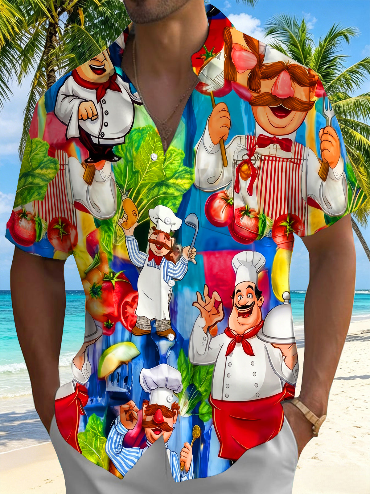 Adaychic Men's Graphic Cartoon Chef Vegetable Pattern Print Short Sleeve Button Down Shirt with Chest Pocket