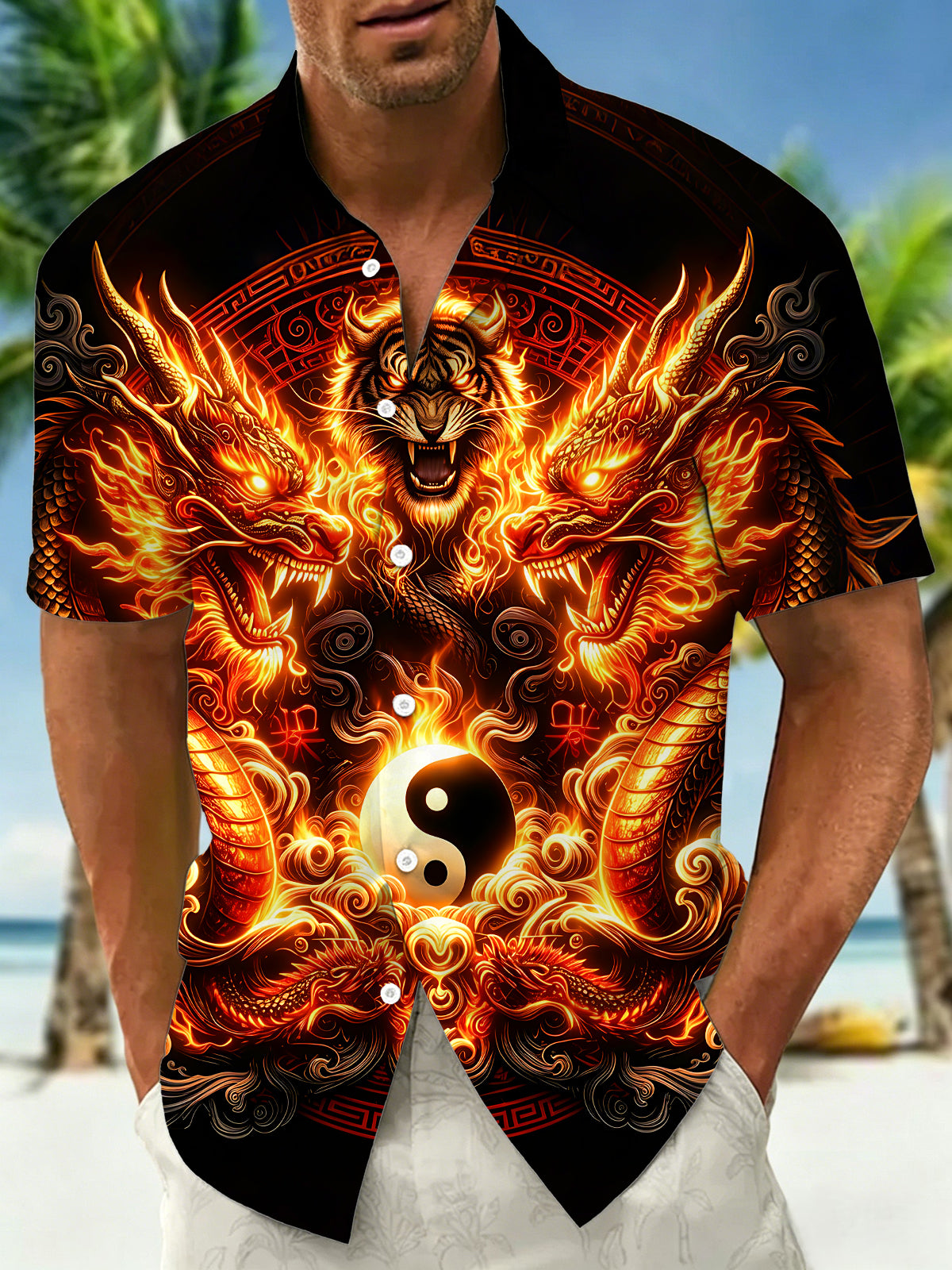 Adaychic Men's Dragon Tiger Yin Yang Graphic Print Short Sleeve Button Down Shirt with Chest Pocket