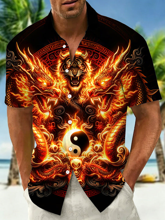 Dark Dragon Tiger Tai Chi Flame Men's Pocket Short Sleeve Shirts