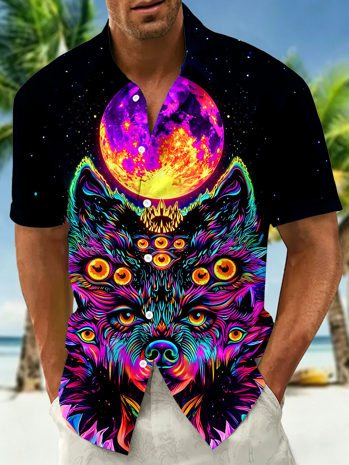Dark Multi-Eye Psychedelic Wolf Starry Sky Men's Pocket Short Sleeve Shirts