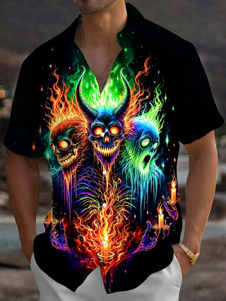 Adaychic Men's Skull Flame Candle Graphic Print Short Sleeve Button Down Shirt with Chest Pocket