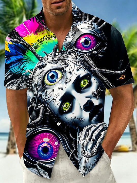 Dark Mechanical Cyber Multi-Eye Portrait Men's Pocket Short Sleeve Shirts