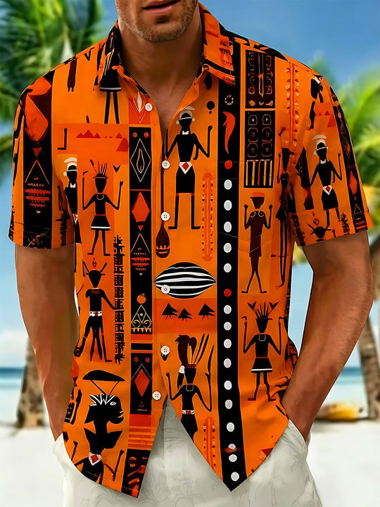 Primitive Tribe Geometric Pattern Men's Pocket Short Sleeve Shirts