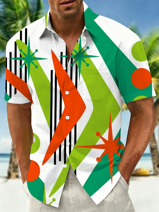Vintage Contrast Color Geometric Starburst Men's Pocket Short Sleeve Shirts