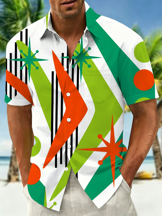 Vintage Contrast Color Geometric Starburst Men's Pocket Short Sleeve Shirts