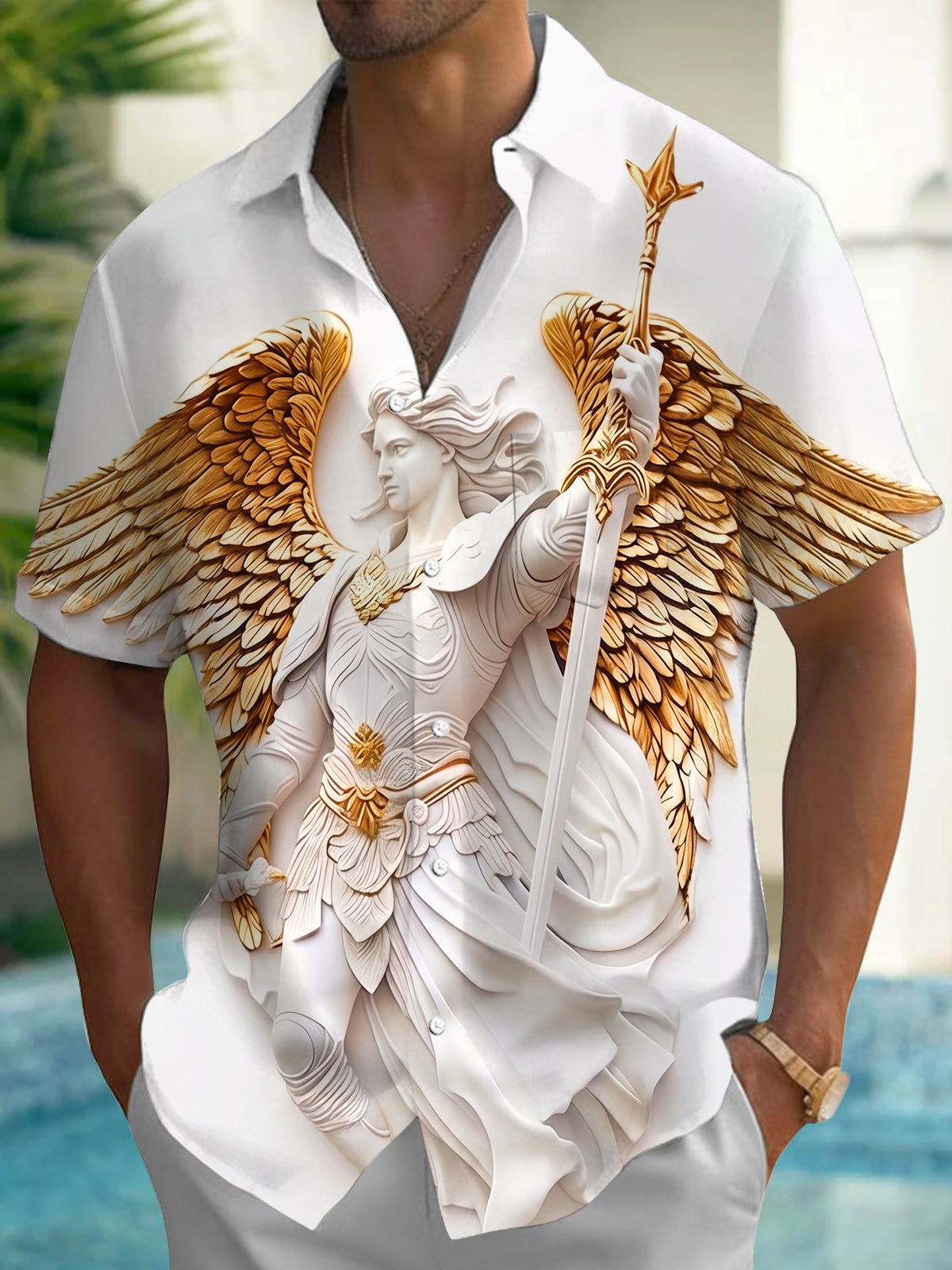 Adaychic Men's Graphic 3D Angel Wings Print Short Sleeve Button Down Shirt with Chest Pocket