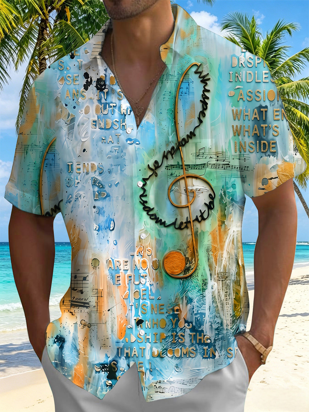 Adaychic Men's Graphic Abstract Musical Note Treble Clef Print Short Sleeve Button Down Shirt with Chest Pocket