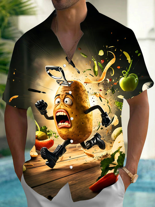 Fun Running Cartoon Potato Men's Pocket Short Sleeve Shirts