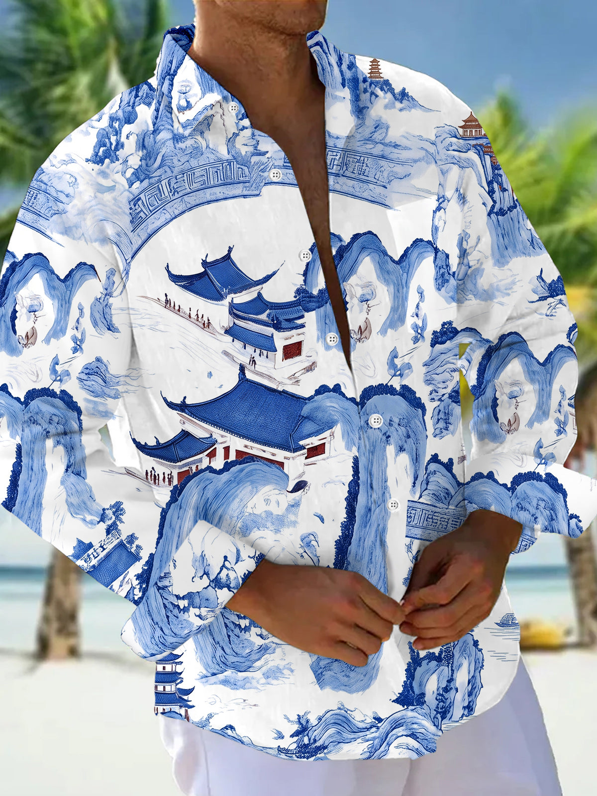 Adaychic Men's Graphic Blue White Chinese Landscape Print Long Sleeve Button Down Shirt with Chest Pocket