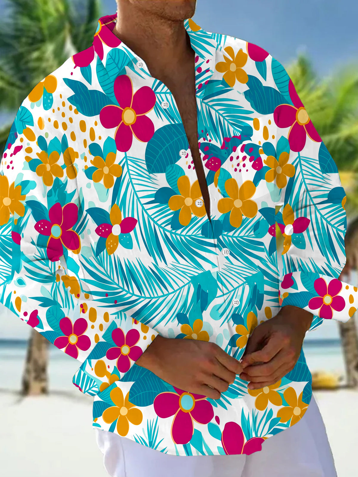 Adaychic Men's Hawaiian Tropical Floral Palm Leaf Print Long Sleeve Button Down Shirt with Chest Pocket