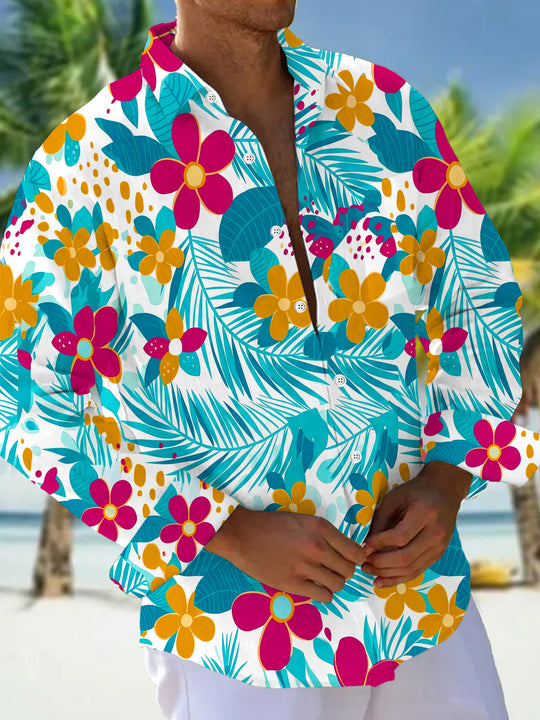 Tropical Flowers Palm Leaves Men's Pocket Long Sleeve Shirts