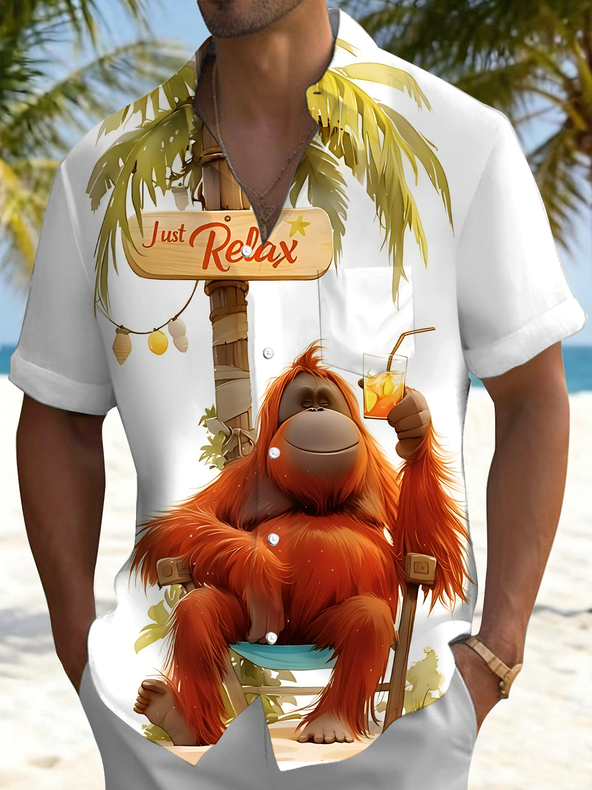 Adaychic Men's Graphic Tropical Orangutan Palm Tree Print Short Sleeve Button Down Shirt with Chest Pocket
