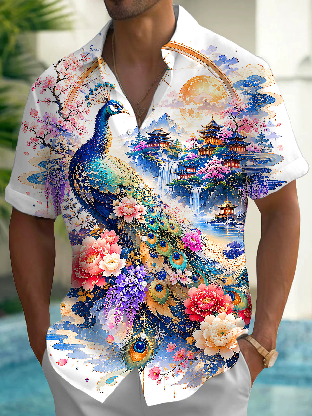 Adaychic Men's Graphic Floral Peacock Pagoda Landscape Print Short Sleeve Button Down Shirt with Chest Pocket