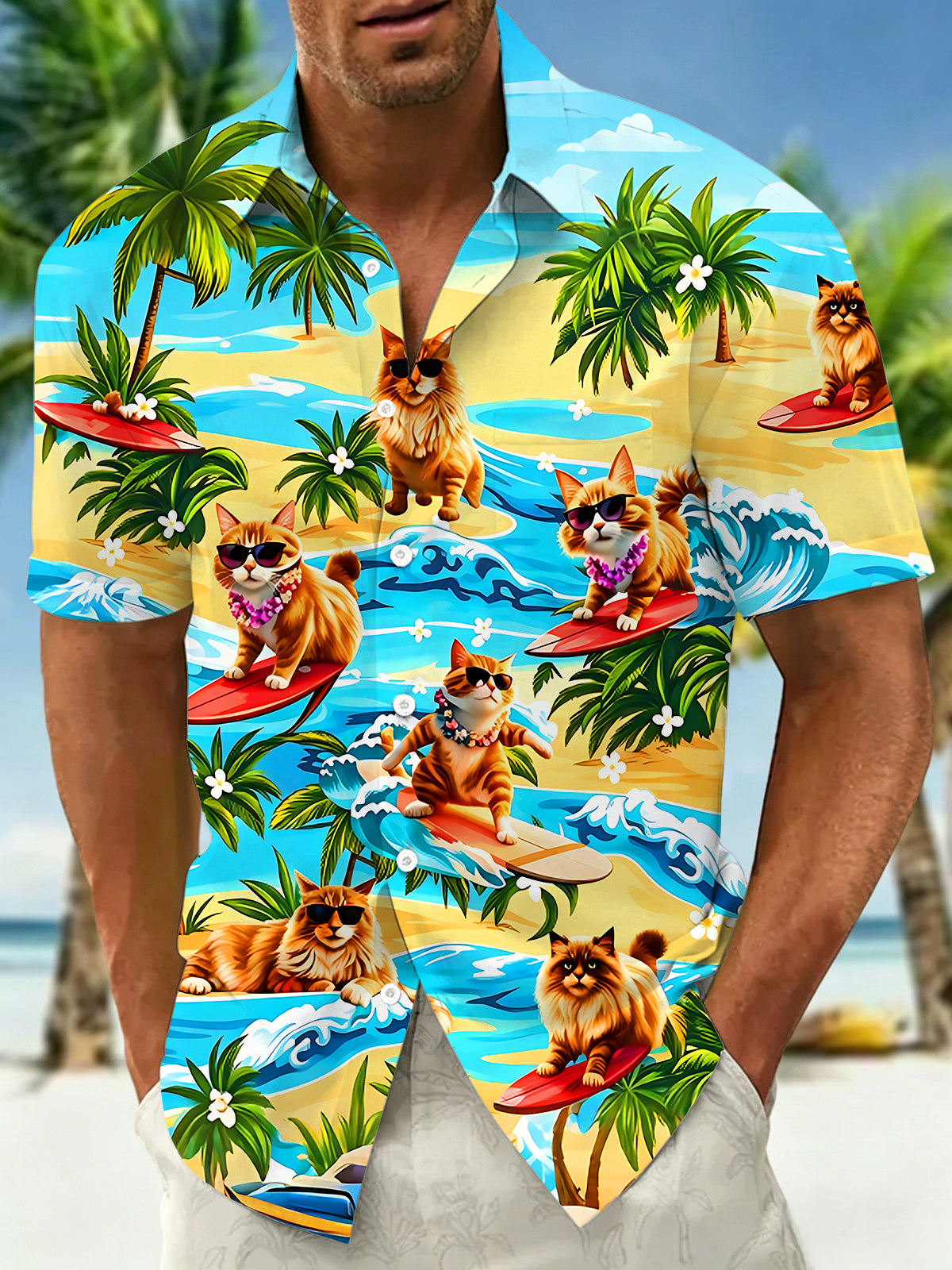 Fun Surfing Cats Island Men's Pocket Short Sleeve Shirts