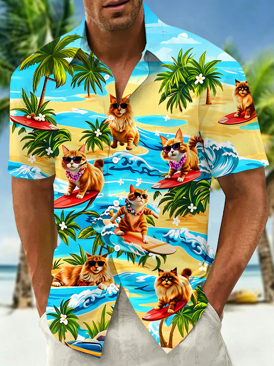 Fun Surfing Cats Island Men's Pocket Short Sleeve Shirts