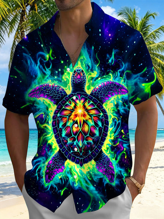 Starry Neon Turtle Men's Pocket Short Sleeve Shirts