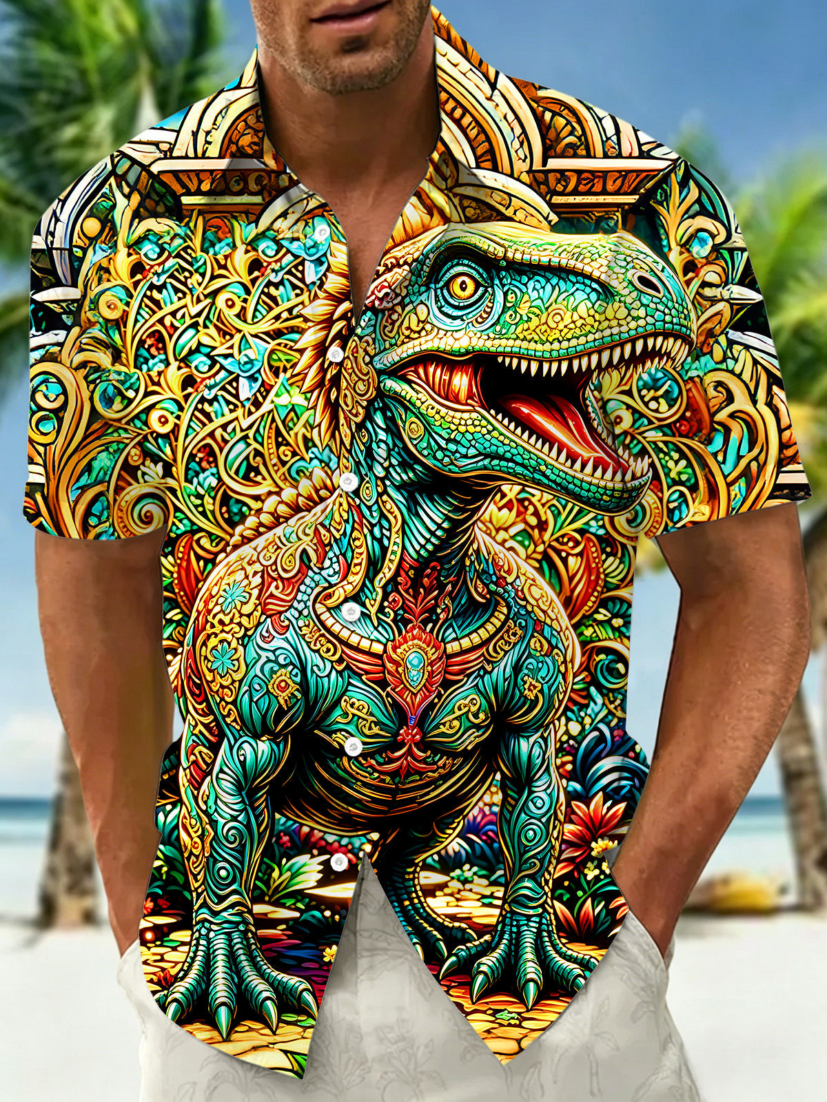 Ornate Pattern Tyrannosaurus Rex Men's Pocket Short Sleeve Shirts