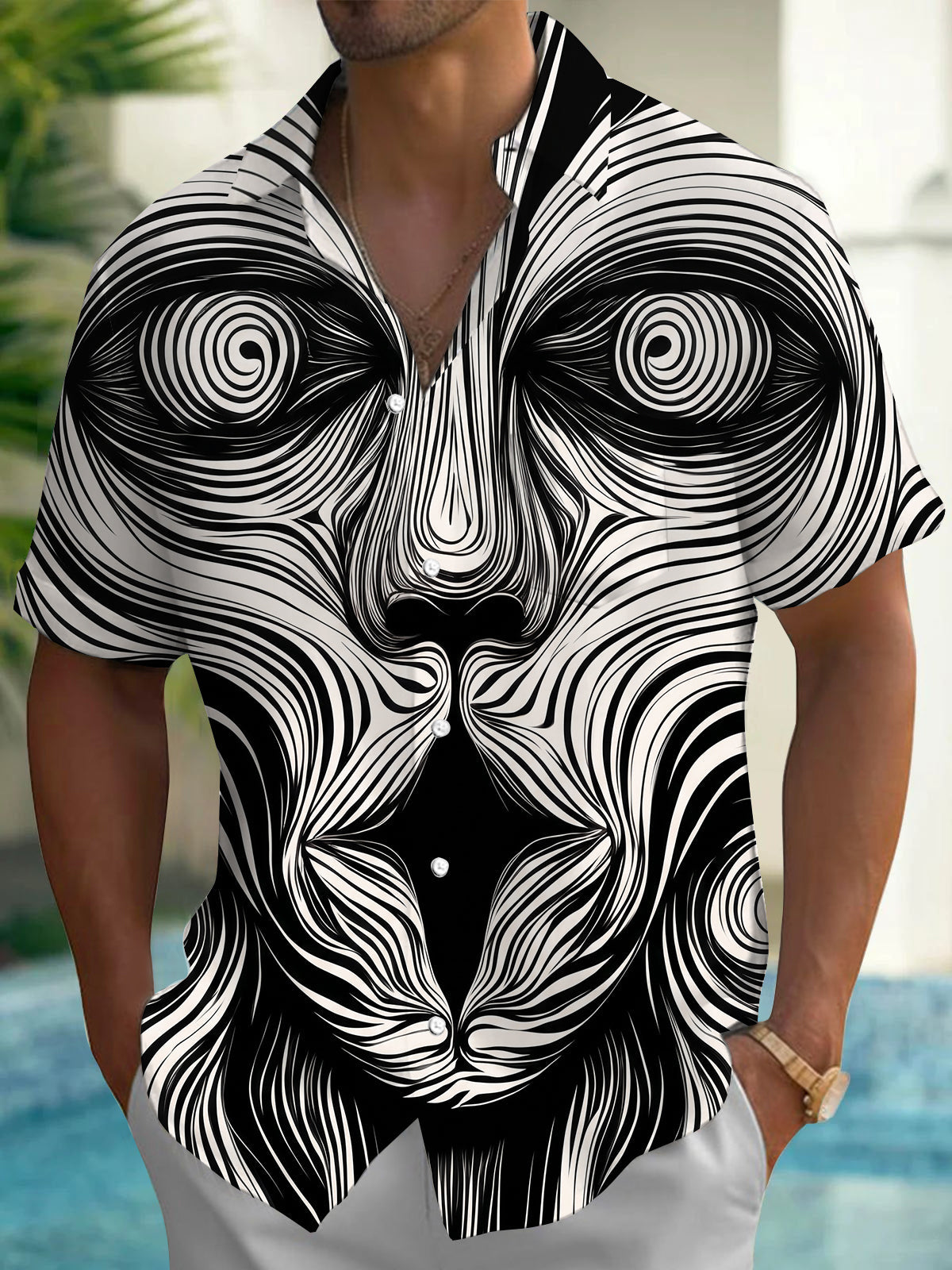 Black And White Line Optical Illusion Face Men's Pocket Short Sleeve Shirts