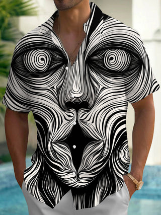 Adaychic Men's Geometric Abstract Face Swirl Print Short Sleeve Button Down Shirt with Chest Pocket