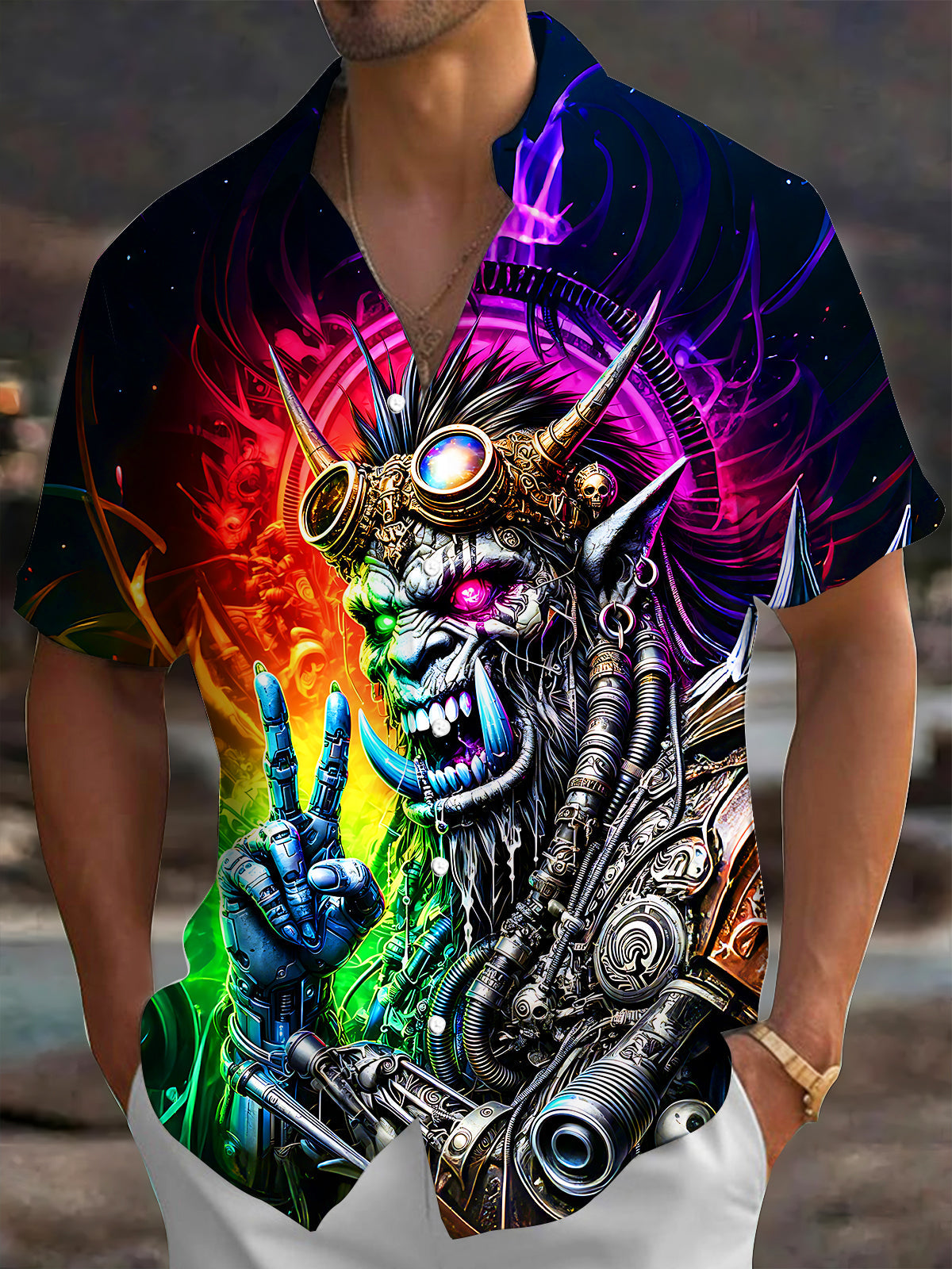 Dark Cyberpunk Orc Warrior Men's Pocket Short Sleeve Shirts