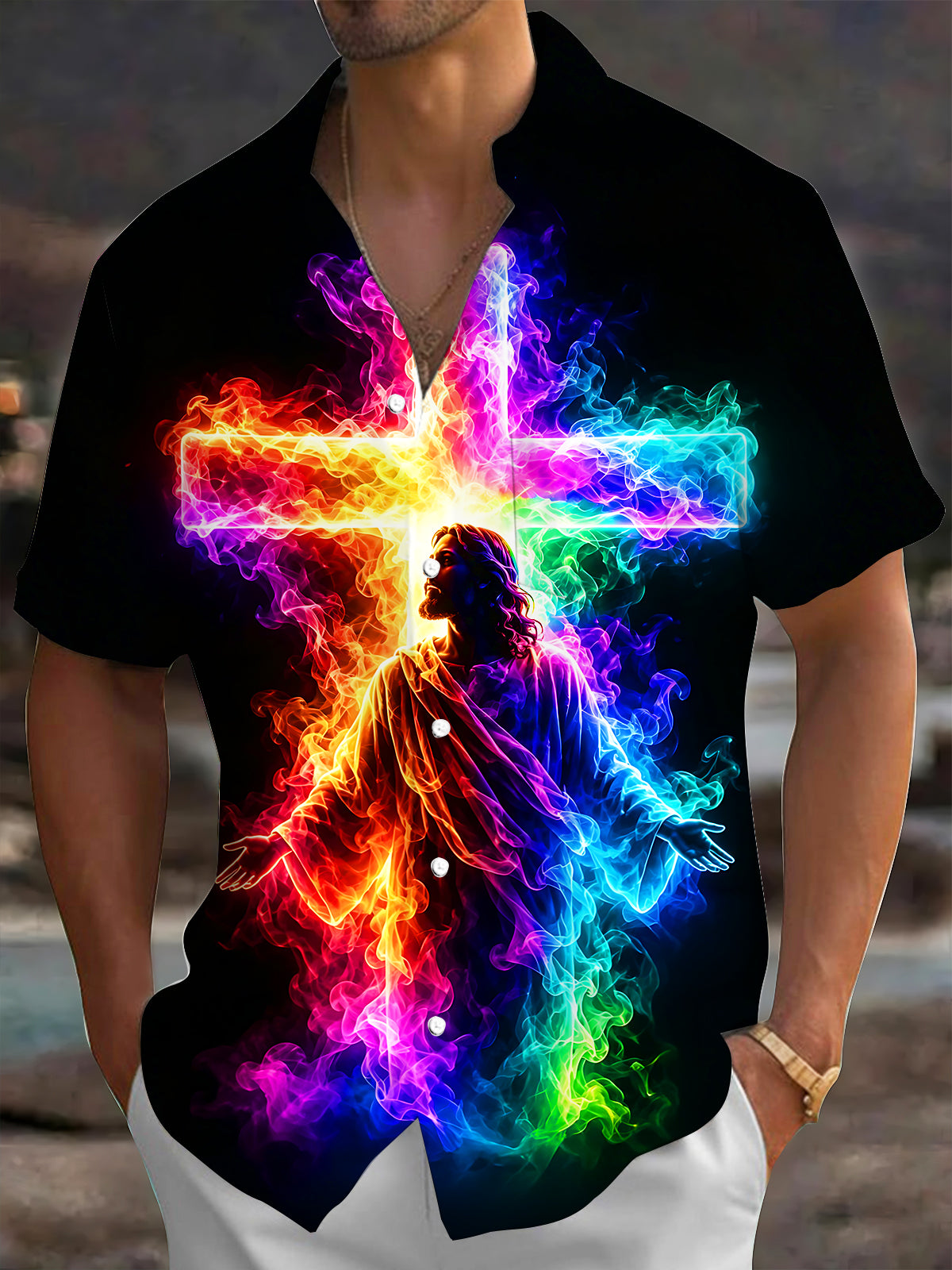 Adaychic Men's Graphic Rainbow Smoke Cross Jesus Print Short Sleeve Button Down Shirt with Chest Pocket