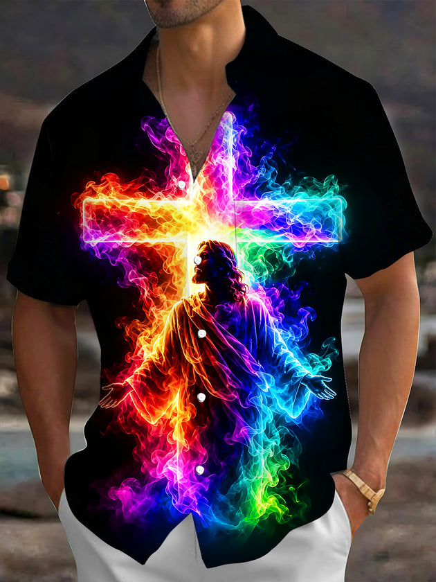Colorful Flame Cross Jesus Men's Pocket Short Sleeve Shirts
