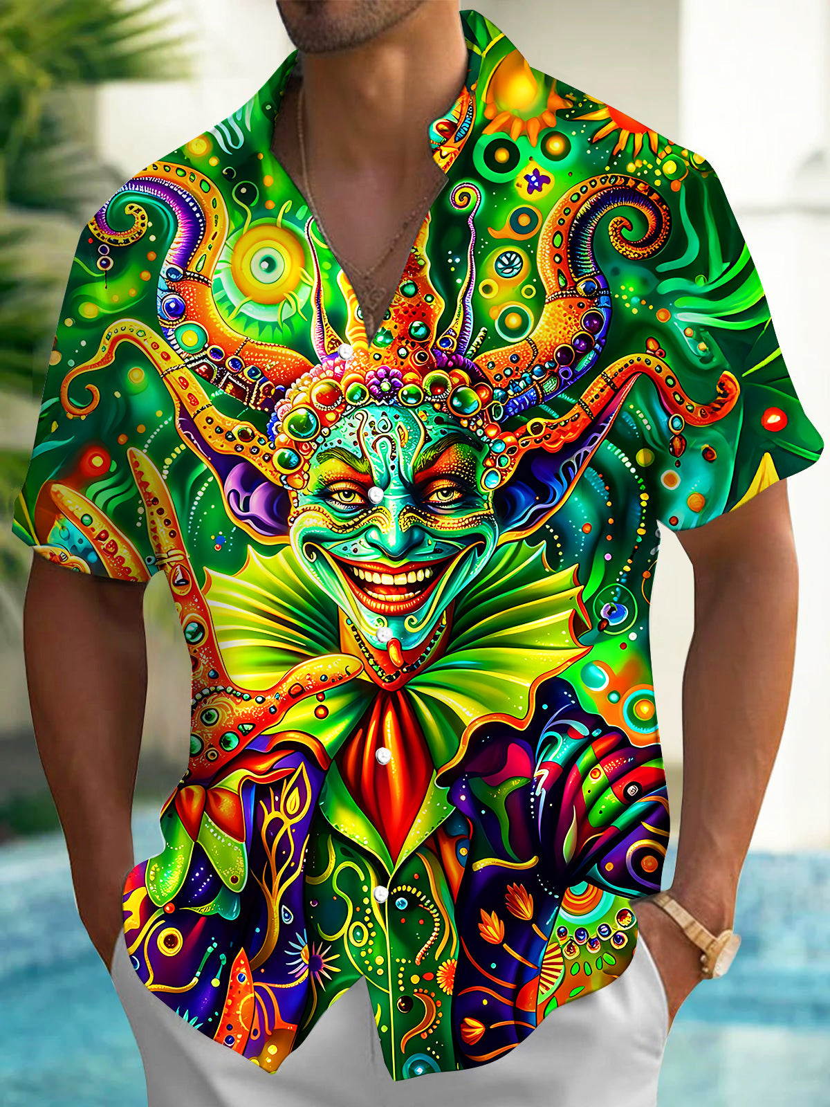 Psychedelic Green Joker Men's Pocket Short Sleeve Shirts