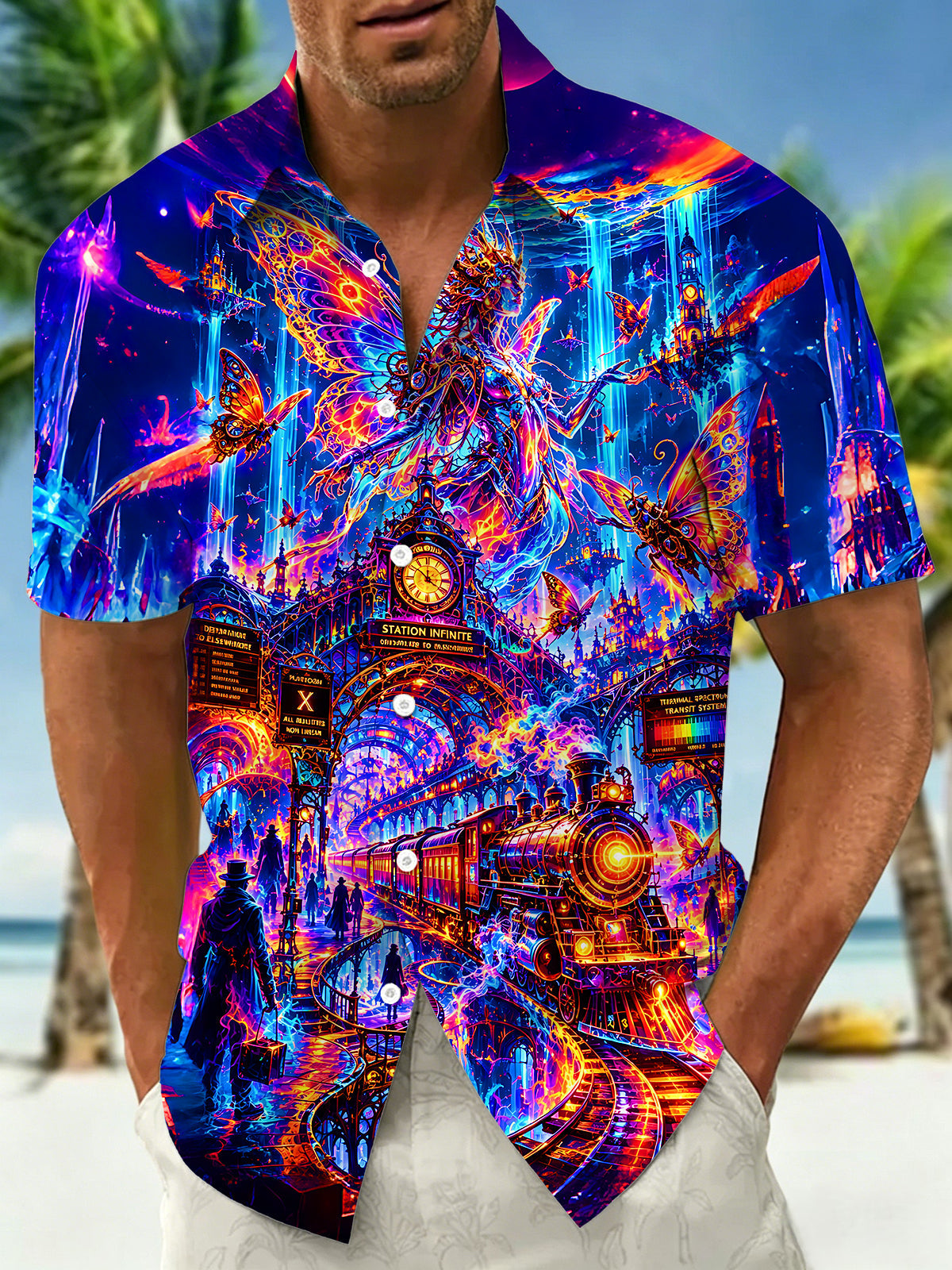 Steampunk Fantasy Train Station Men's Pocket Short Sleeve Shirts