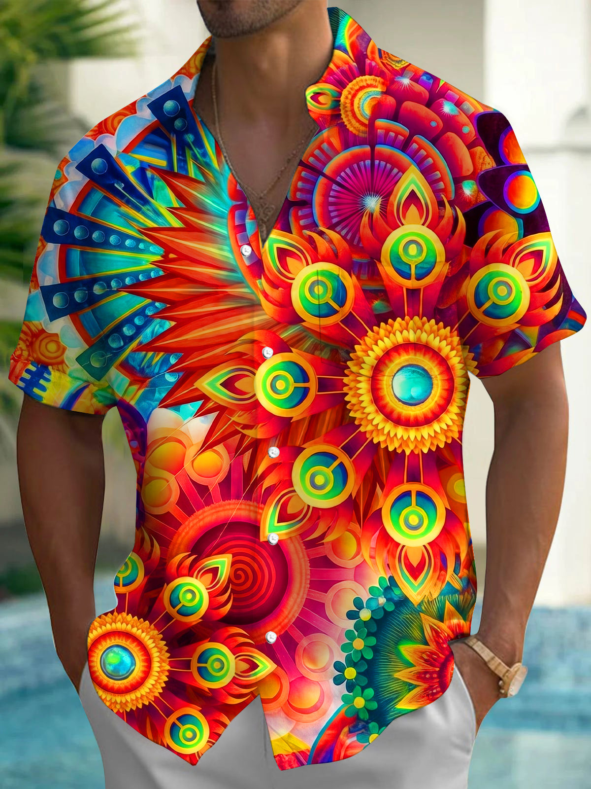 Colorful Mandala Geometric Pattern Men's Pocket Short Sleeve Shirts
