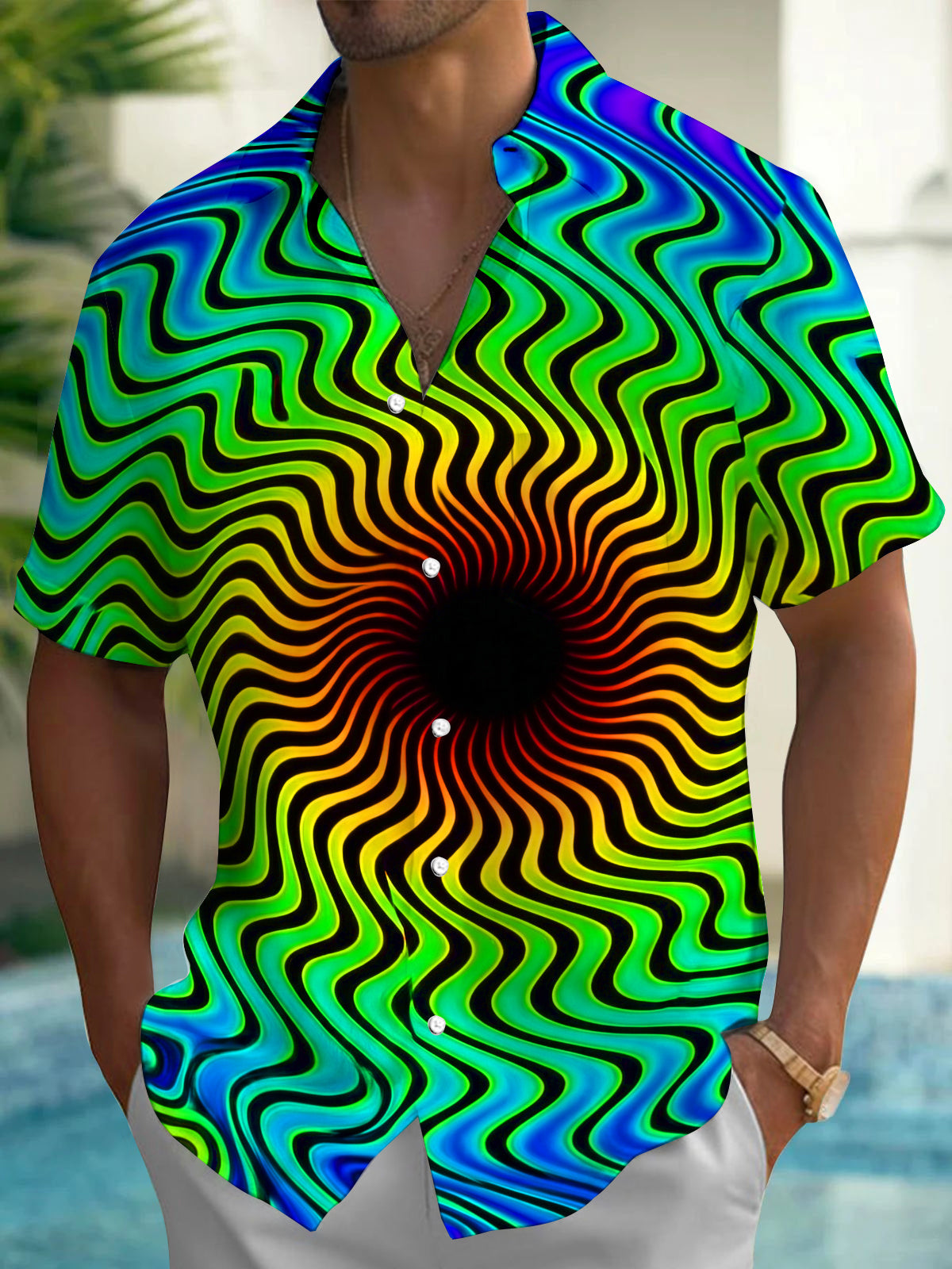 Colorful Gradient Swirl Optical Illusion Texture Men's Pocket Short Sleeve Shirts