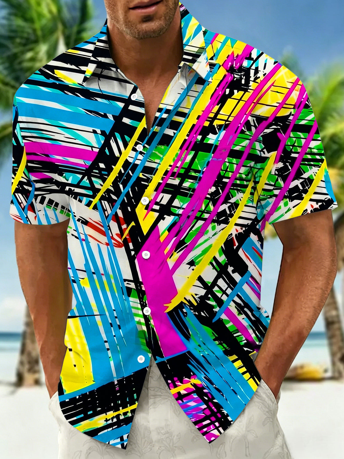 Adaychic Men's Graphic Abstract Brush Stroke Print Short Sleeve Button Down Shirt with Chest Pocket