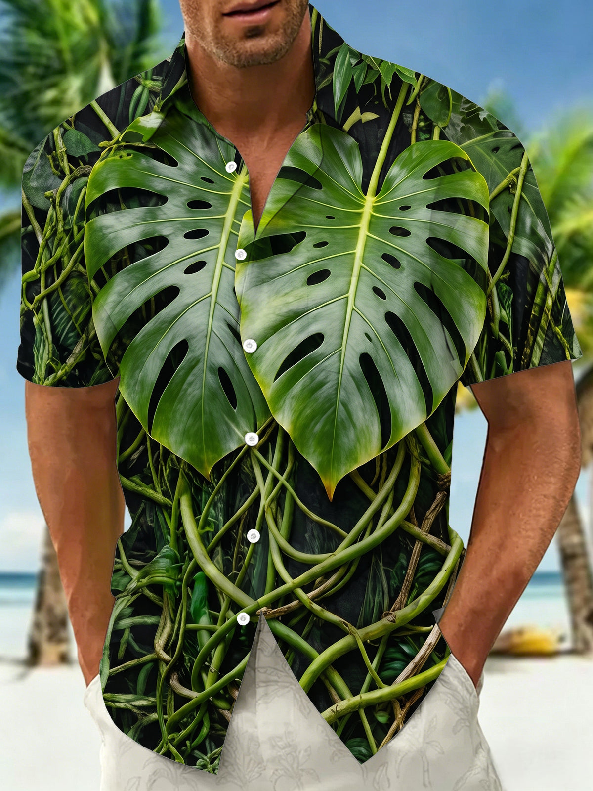 Tropical Monstera Vines Men's Pocket Short Sleeve Shirts