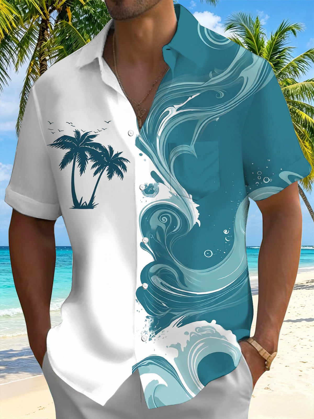 Palm Tree And Ocean Wave Seaside Men's Pocket Short Sleeve Shirts