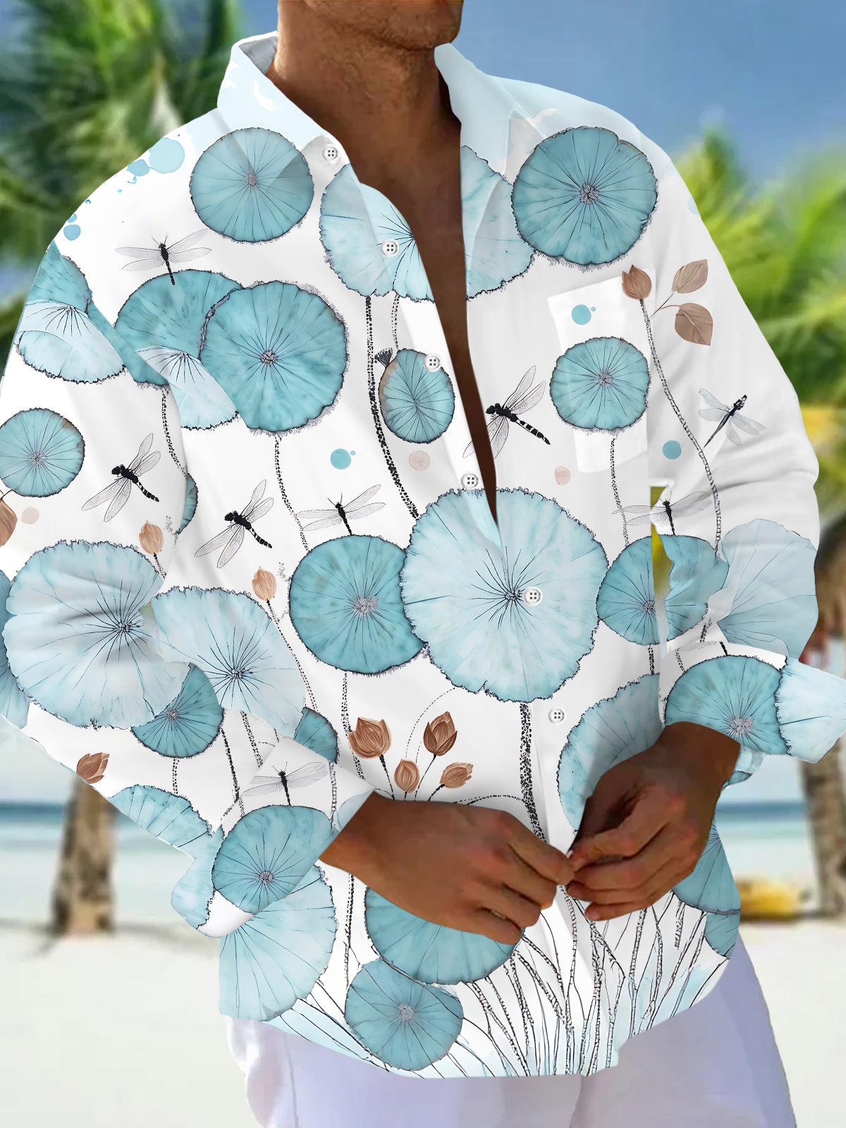 Adaychic Men's Blue Flower Dragonfly Print Long Sleeve Button Down Shirt with Chest Pocket