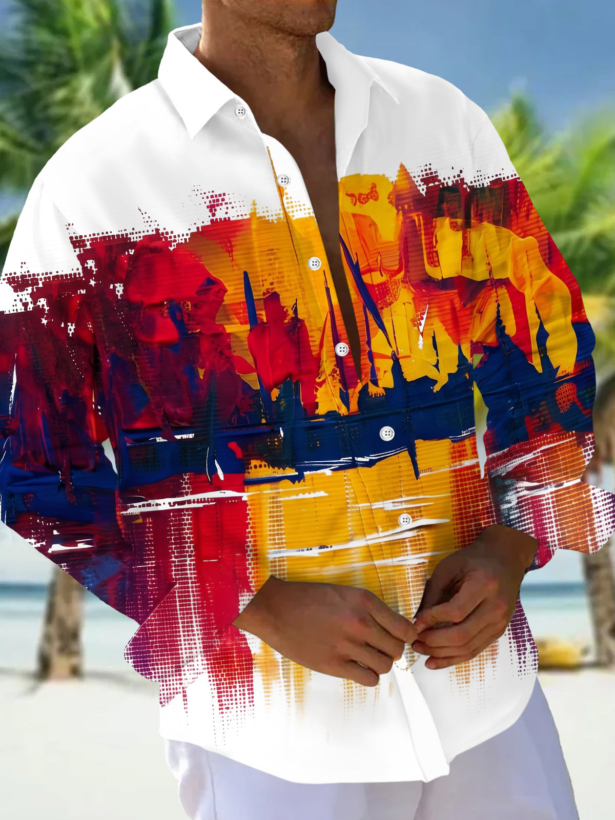 Adaychic Men's Abstract Graffiti Print Long Sleeve Button Down Shirt with Chest Pocket