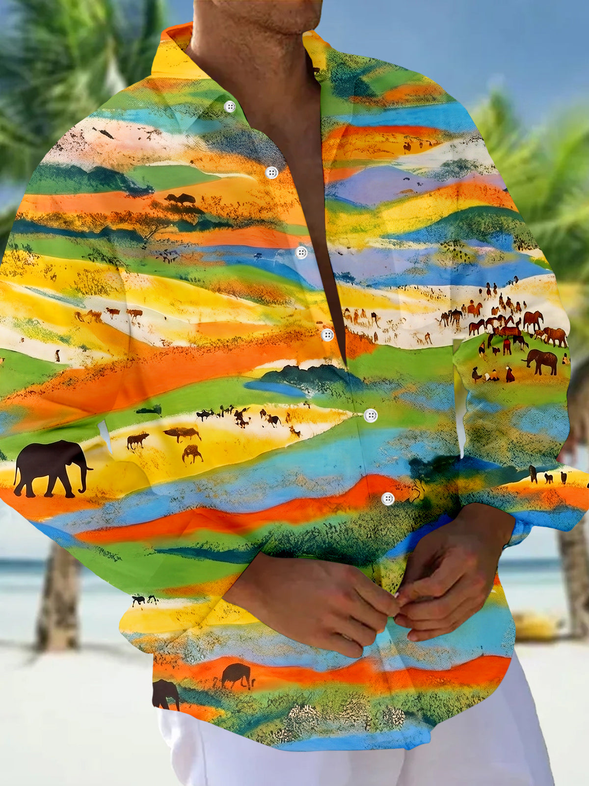Adaychic Men's Tropical Elephant Landscape Print Long Sleeve Button Down Shirt with Chest Pocket