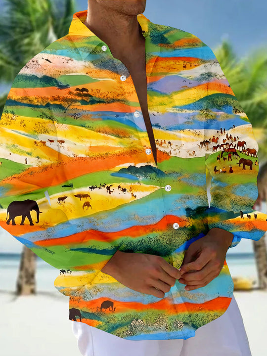 Colorful Grassland Pasture Scenery Men's Pocket Long Sleeve Shirts